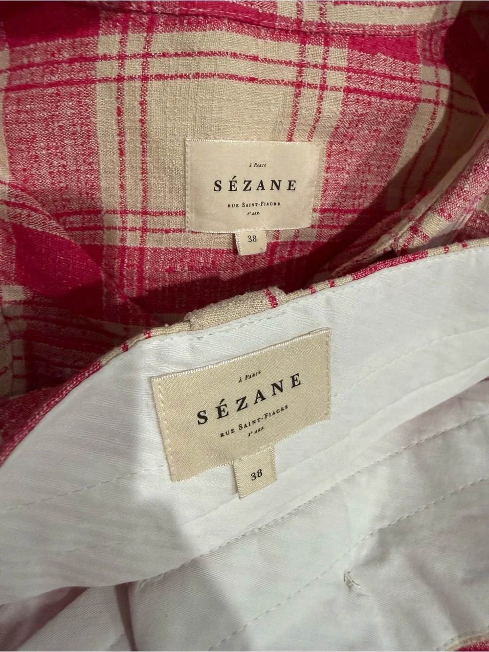 Sezane THÉOPHILE TROUSERS + TOMBOY SHIRT SET Linen In Pink White Check Sz38 US M